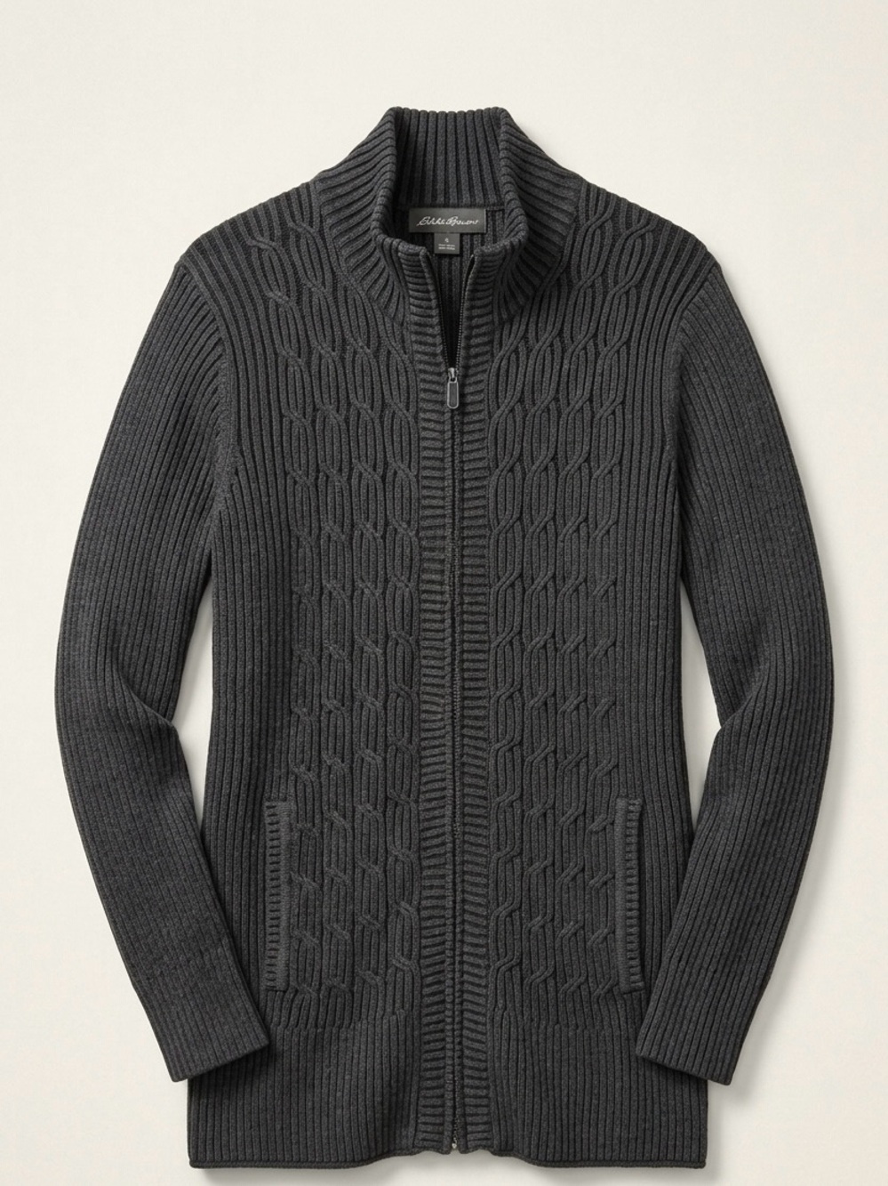 Eddie Bauer Dark Charcoal Cable-Knit Full-Zip Long Cardigan - capsule wardrobe